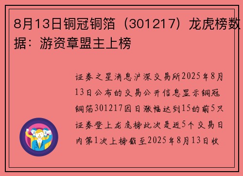8月13日铜冠铜箔（301217）龙虎榜数据：游资章盟主上榜